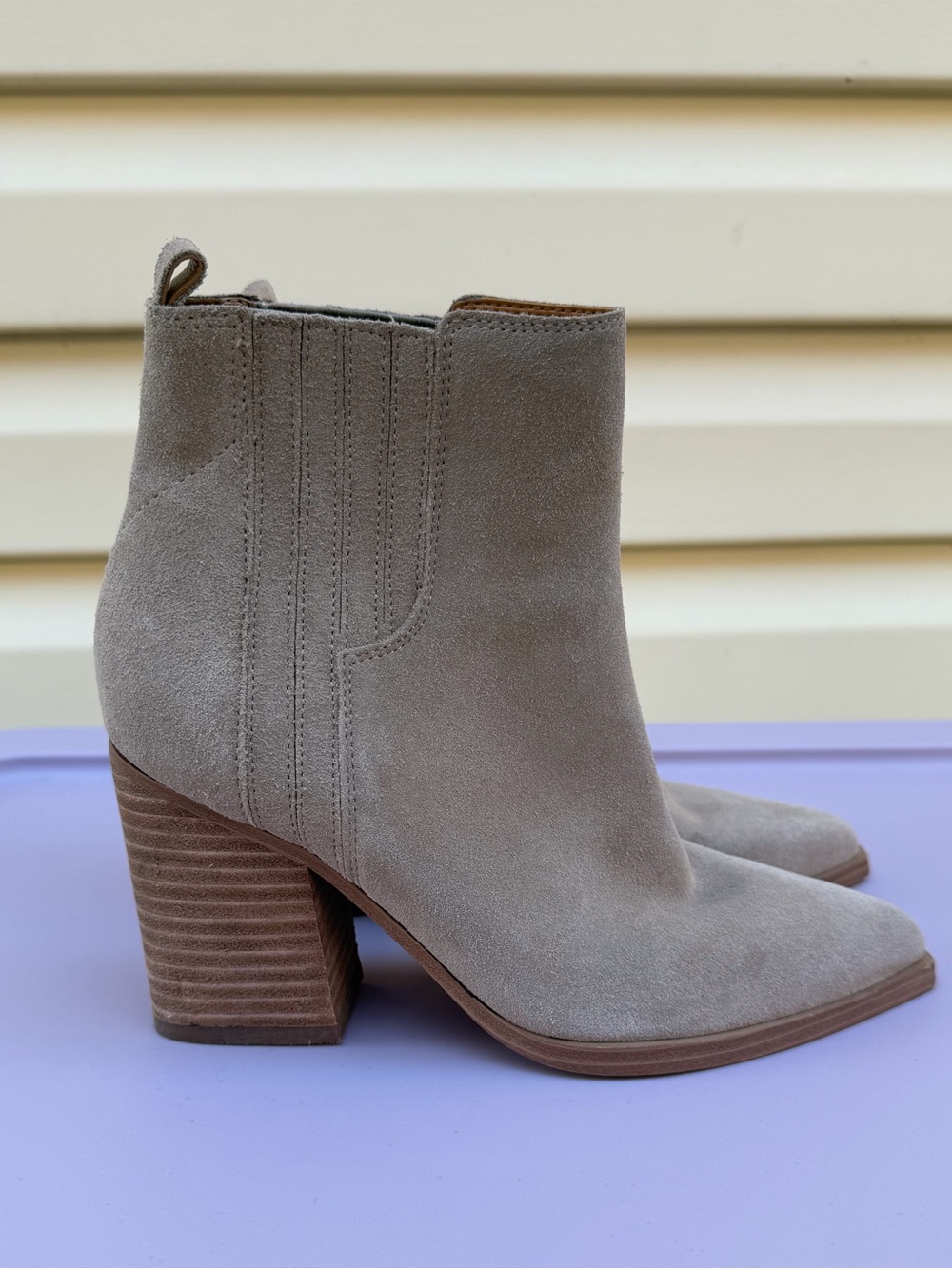 Marc Fisher Taupe Suede Stacked Heel Ankle Booties